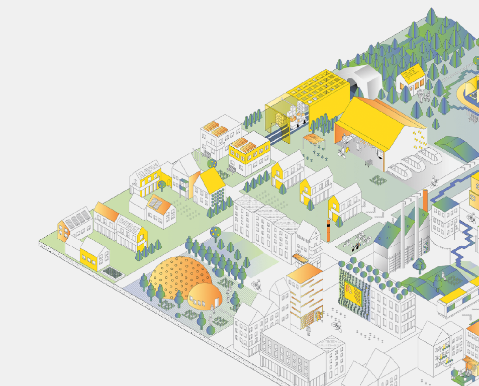 Illustration einer nachhaltigen Stadtentwicklung mit Gebäuden, Straßen, Grünflächen und verschiedenen Aktivitäten, die zukunftsorientierte urbanistische Konzepte darstellen, darunter Solarpanels, Fahrradwege, Grünflächen und Gemeinschaftseinrichtungen.