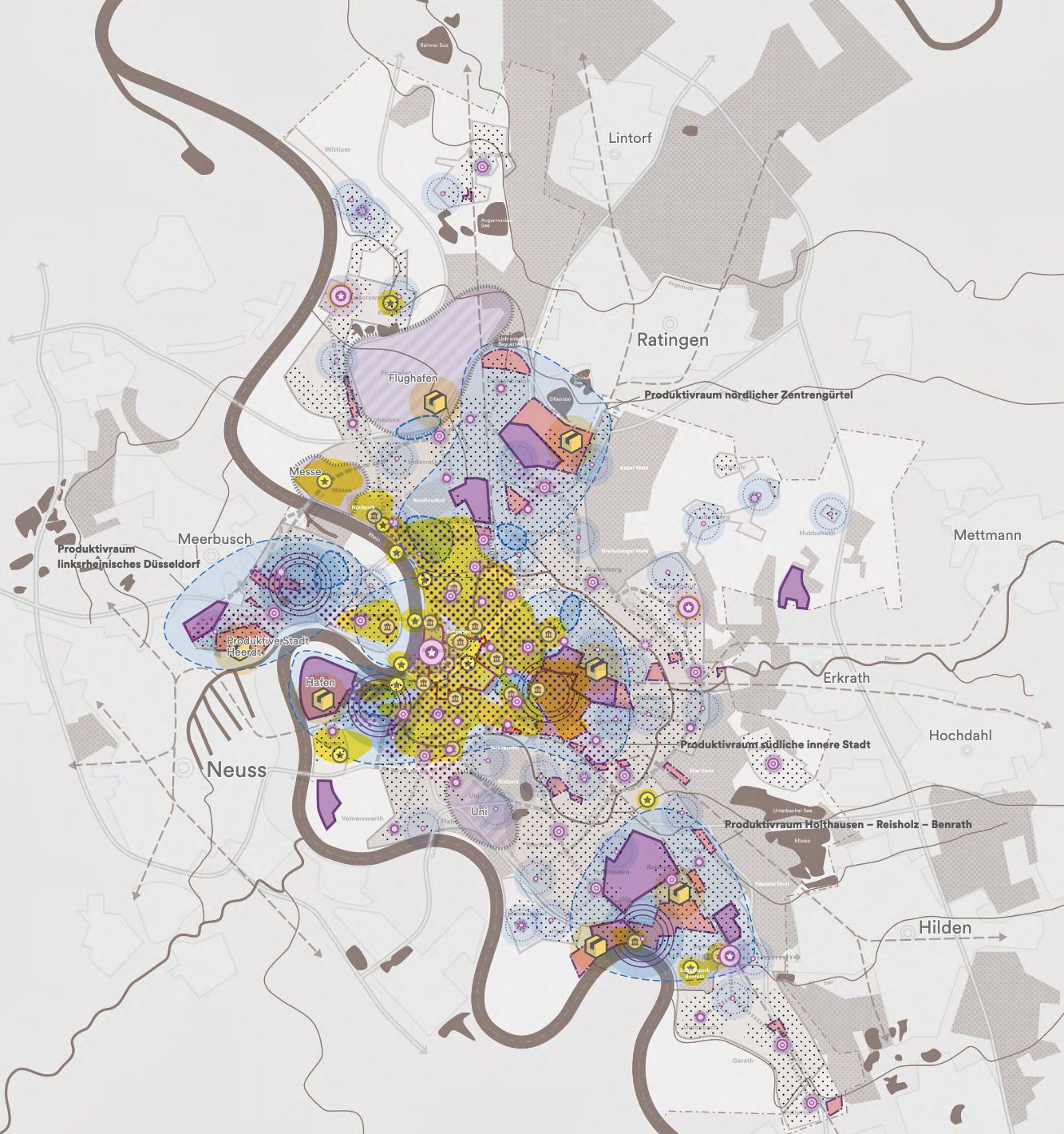 Karte von Düsseldorf und Umgebung mit farblich markierten Entwicklungs- und Produktivräumen. Verschiedene Flächen, Kreise und Schraffuren in Blau, Lila, Gelb und Rosa heben Schwerpunkte wie die Innenstadt, den Flughafen sowie angrenzende Stadtteile hervor.