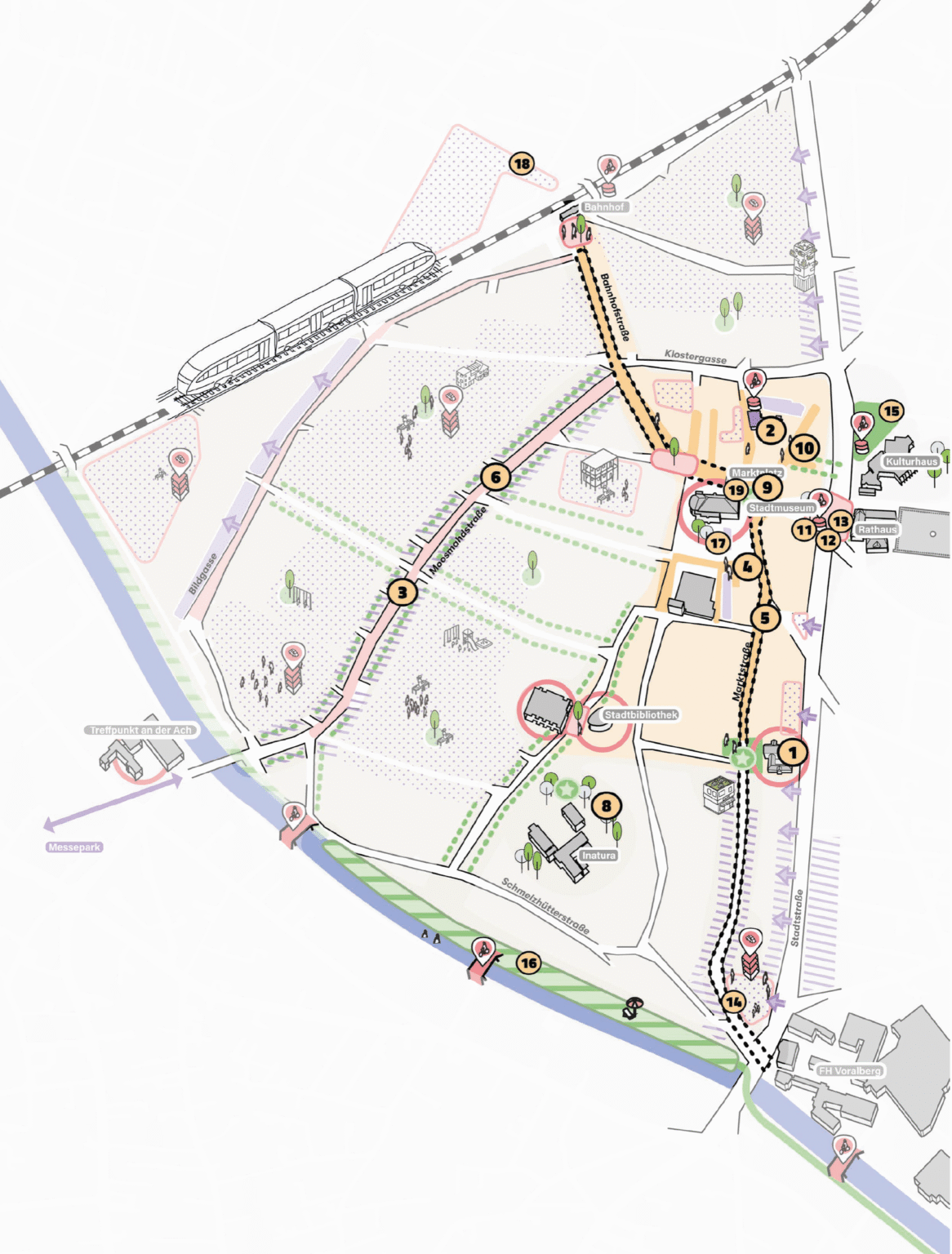 Schematische Karte des Masterplans Innenstadt Dornbirn mit markierten Wegen, Plätzen und wichtigen Gebäuden zwischen Bahnhof, Stadtzentrum und Ach-Ufer.