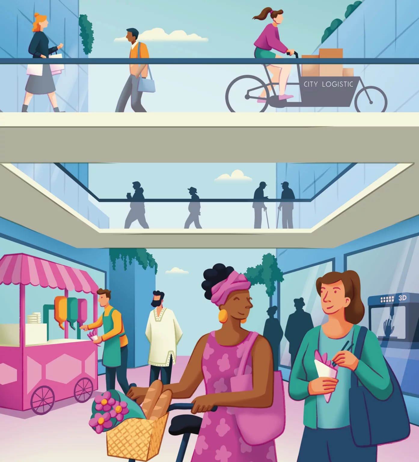 Eine Illustration des zukünftigen Marktplatzes in Paderborn. Zu sehen ist geschäftiges Treiben mit zwei flanierenden Frauen, einem Mann beim Einkauf auf dem Markt und vielen Menschen im Hintergrund, die unterwegs sind.