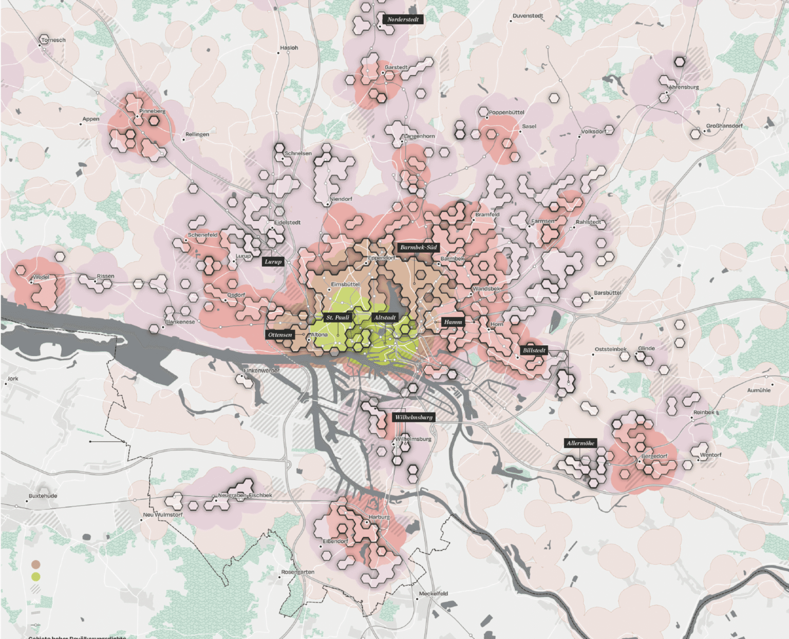 Karte von Hamburg mit farbigen Flächen und Markierungen, die zentrale Stadtteile und umliegende Gebiete in ihrer räumlichen Entwicklung und Vernetzung darstellen.“