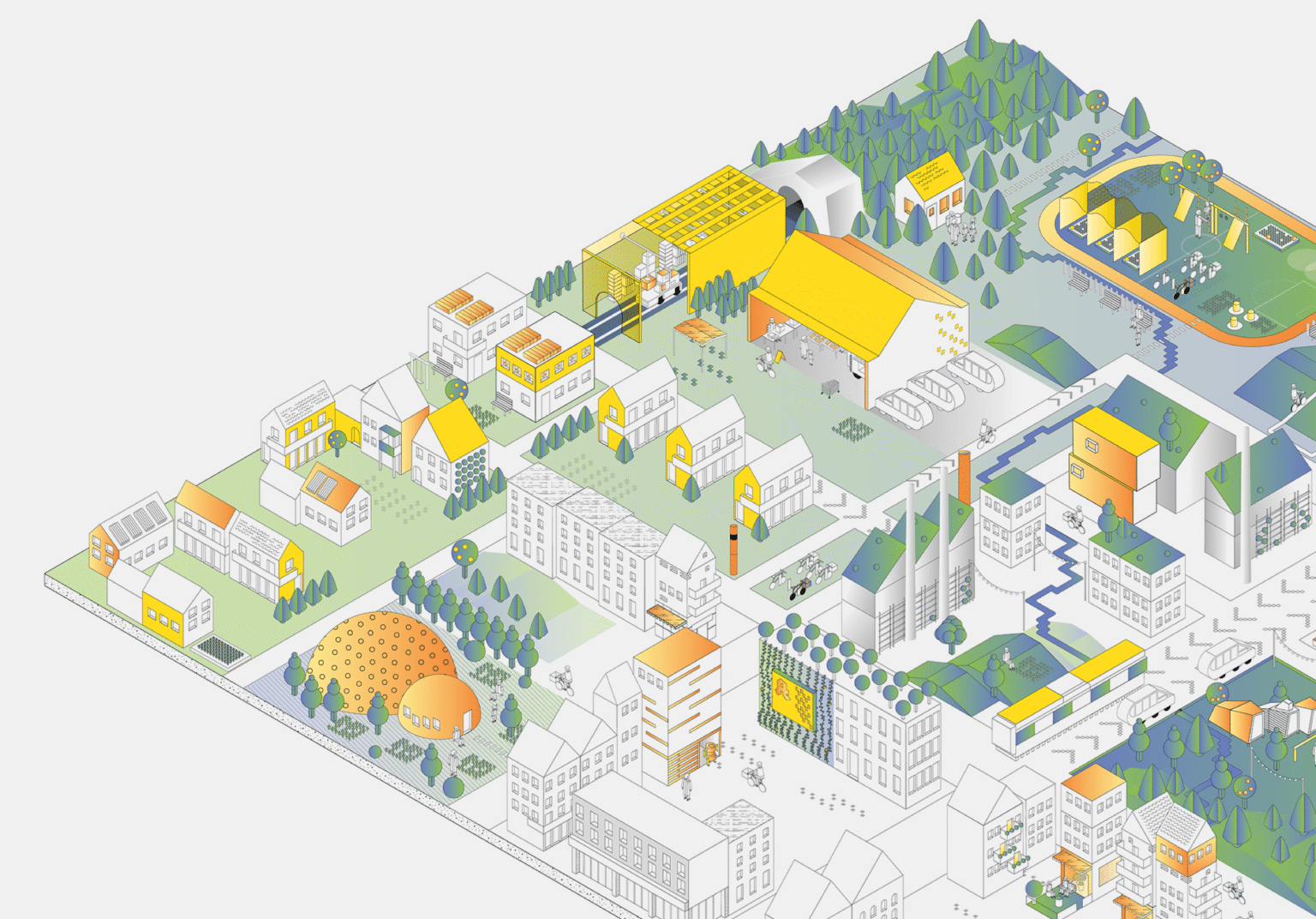 Illustration einer nachhaltigen Stadtentwicklung mit Gebäuden, Straßen, Grünflächen und verschiedenen Aktivitäten, die zukunftsorientierte urbanistische Konzepte darstellen, darunter Solarpanels, Fahrradwege, Grünflächen und Gemeinschaftseinrichtungen.